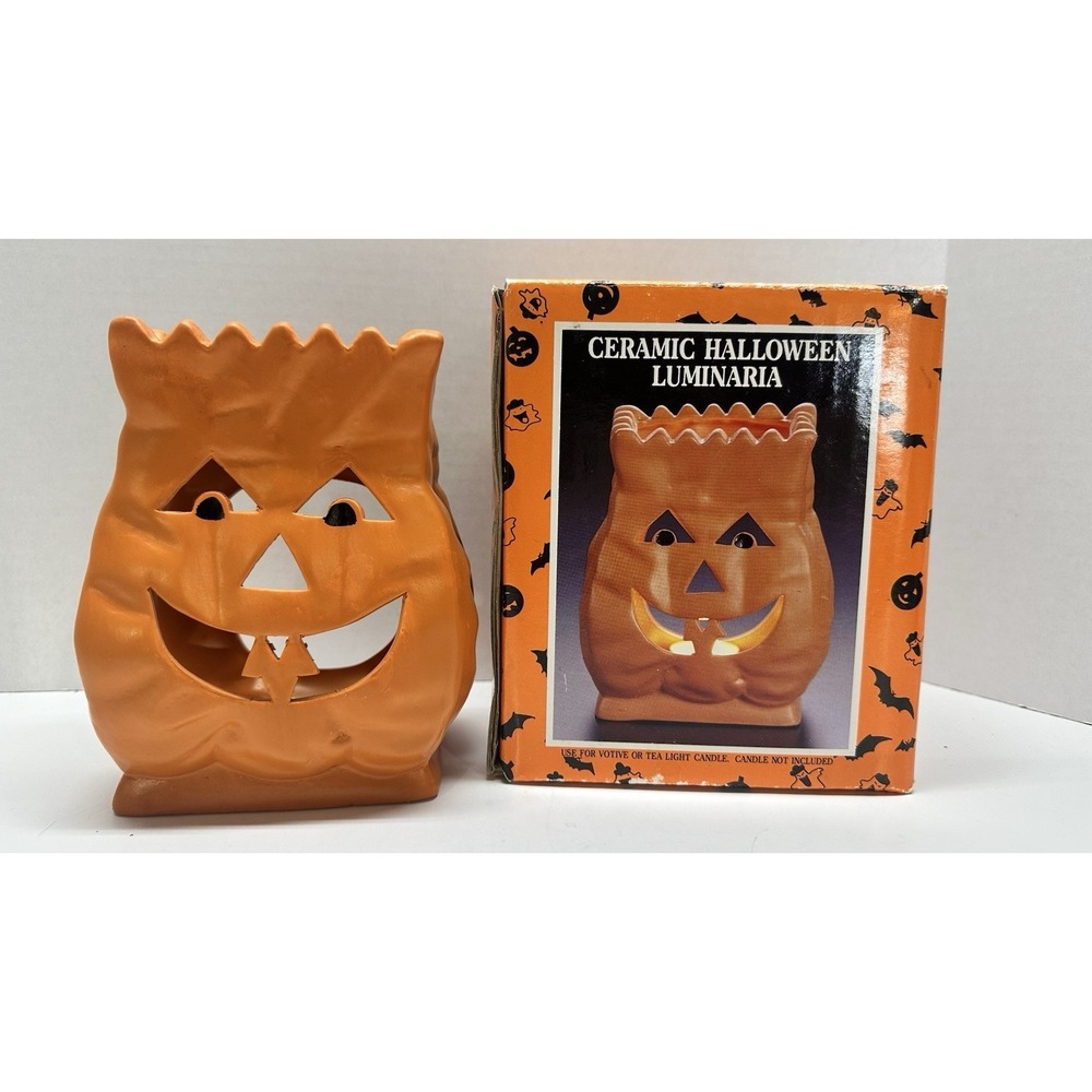 Vintage Halloween Ceramic Jack O Lantern Candle Tea light Holder Orange